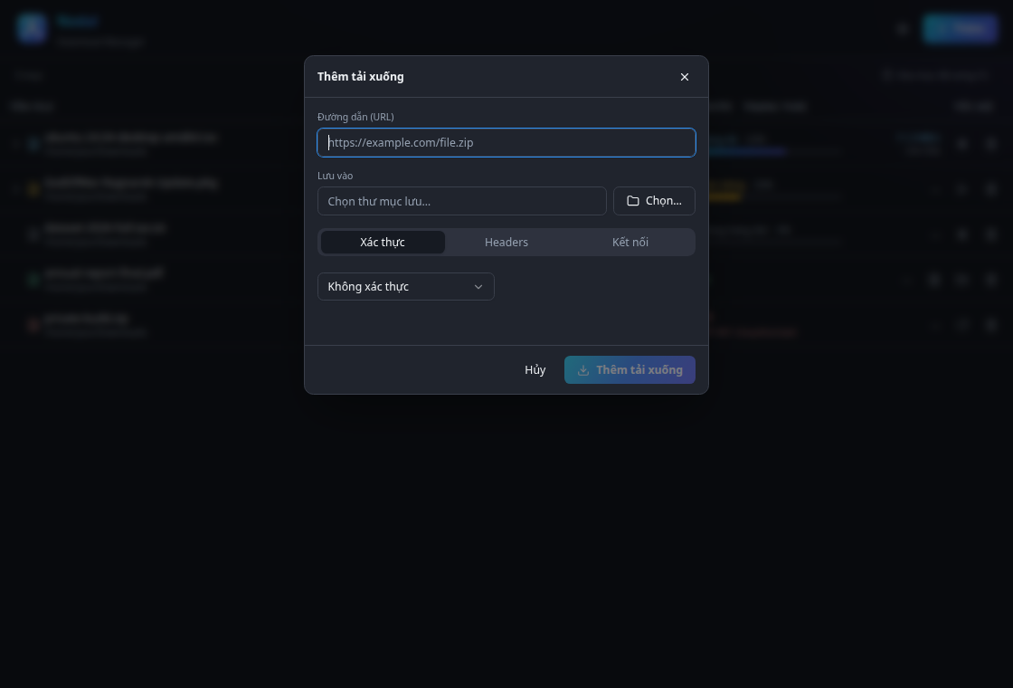 Nodal add-download dialog with URL, auth and headers tabs