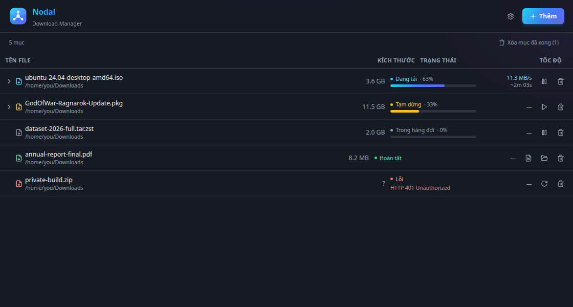 Nodal main window: a table of downloads with speeds, progress bars and statuses